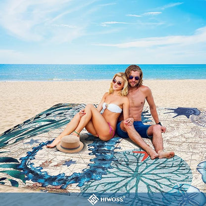 Beach Blanket Waterproof Sandproof Oversized 95”x 80”,Sand Free Beach Mat with Corner Pockets,Portable Mesh Bag for Beach Festival,Picnic,Travel and Outdoor Camping (Seahorse)