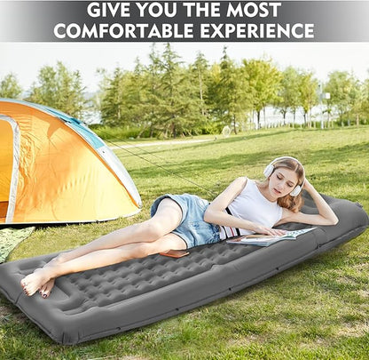 Camping Sleeping Pads，Extra Thick 5 Inch Inflatable Sleeping Mat with Pillow Built-in Pump，Oversized Mattress Super Portable Backpacking Sleeping Pad (Grey-Single)