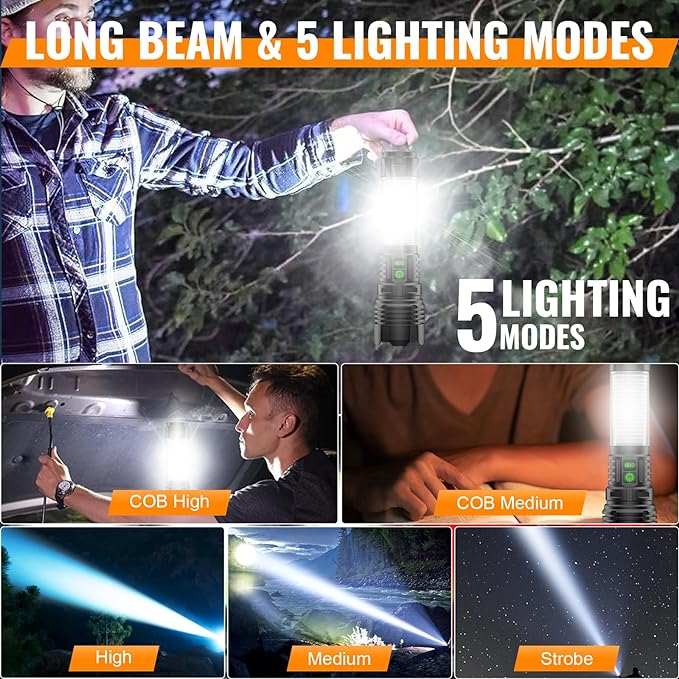 Flashlights 100000 High Lumens Rechargeable - 360° COB Lantern Camping Flashlight 2000 Meters Long Beam Super Bright LED Flash Light, Waterproof, 20H Runtime,5 Modes,Zoomable Handheld Flashlight