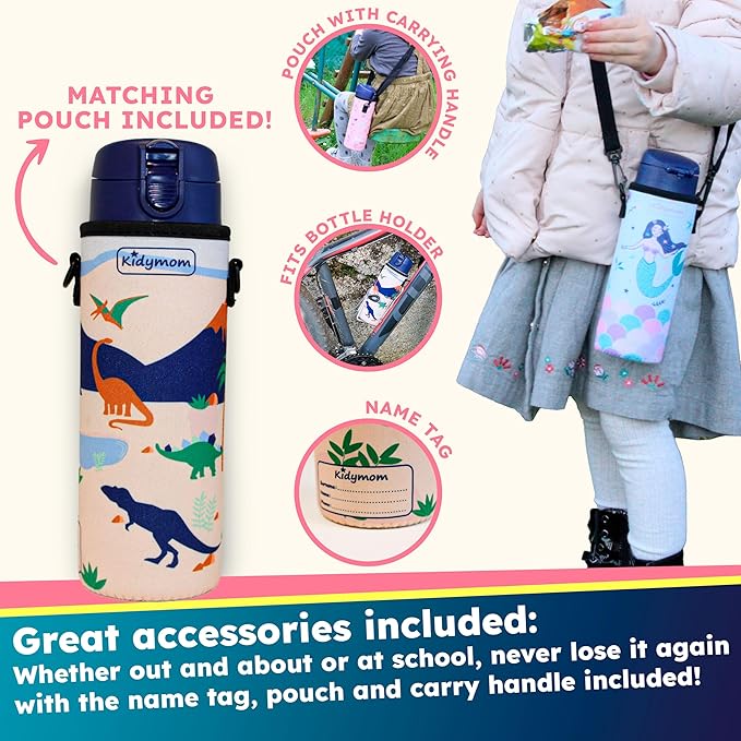 Stainless Steel Water Bottle Kids 12 oz With Carrying Pouch| Insulated Water Bottle For Kid, Toddler, Girls, Boys or Teen | Leakproof, BPA-Free | Little Metal Tumbler for School (Dinosaur)