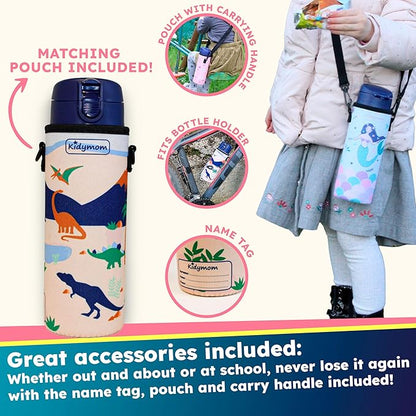 Stainless Steel Water Bottle Kids 12 oz With Carrying Pouch| Insulated Water Bottle For Kid, Toddler, Girls, Boys or Teen | Leakproof, BPA-Free | Little Metal Tumbler for School (Dinosaur)