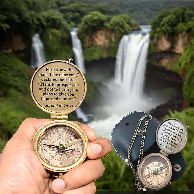 Engraved Brass Compass, Antique Nautical Vintage Directional Magnetic Compass, with Famous Scripture Quote, Baptism Gifts with Leather Case