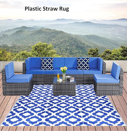 BalajeesUSA Outdoor Rug - 9x12 Blue, reversible Recycled Plastic straw Outdoor Patio Rugs Clearance Waterproof Large RV Camper Rug 484