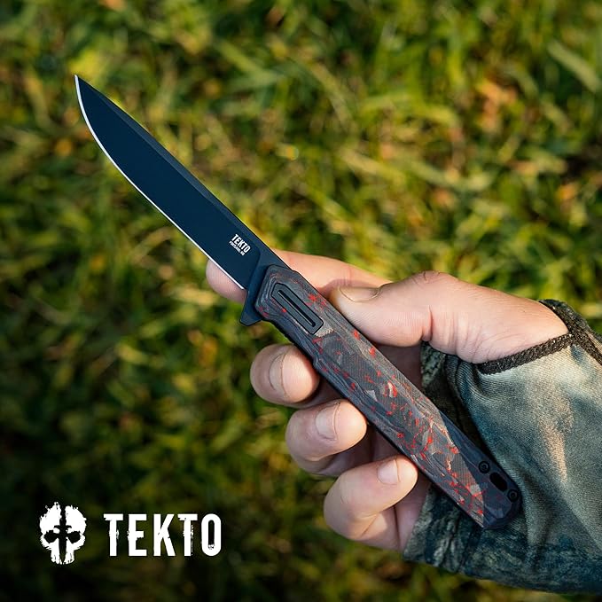 F2 Bravo Folding Pocket Knife - D2 Steel Blade, Ceramic Ball Bearings - EDC - Snap, Swift Flip for Camping, Backpacking - 2.4oz (68g), Forged Ember Handle, Black Titanium Accents