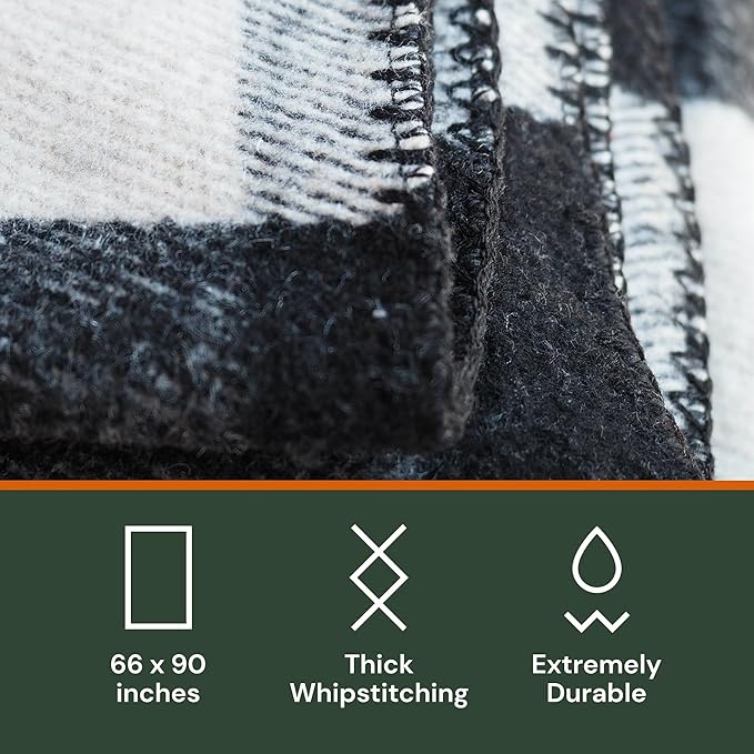 Woolly Mammoth Merino Wool Blanket- 66" x 90" 4 lbs Thick, Outdoor/Indoor Throw for Campfire, Picnic, Beach, Van Life, Home, Army- Farmhouse Collection Heavy Duty Insulating Sleep Plaid, Black/Cream