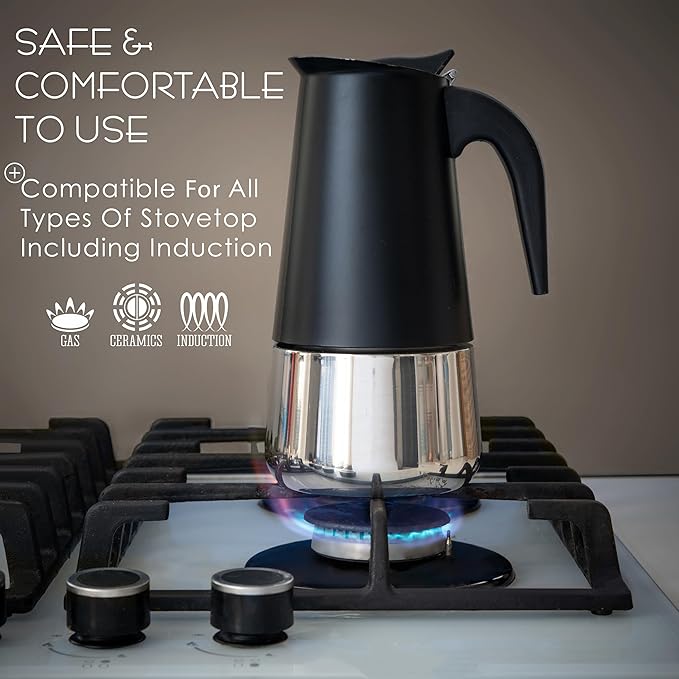 Mixpresso 6 Cup Greca Stovetop Espresso Maker 10oz, Moka Pot with Coffee Percolator Design, Stainless Steel Stove Top Coffee Maker for Camping or Home, Italian Coffee Maker Stovetop, Black Coffee Pot