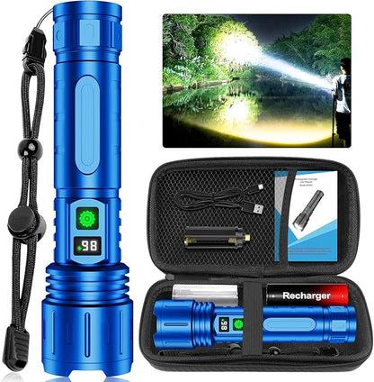 Flashlights High Lumens Rechargeable, 100000 Lumens Super Bright LED Powerful Flashlight, Type-C, 5 Modes, Zoomable, IPX5 Waterproof High Powered Tactical Flash Light for Emergency Camping,Blue