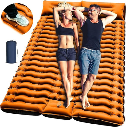 Double Camping Sleeping Pad, Self Inflatable 4'' Extra-Thick 2 Person Pillow Built-in Foot Pump Ultralight Sleeping Mat for Backpacking Tent, Hiking, Traveling-Orange