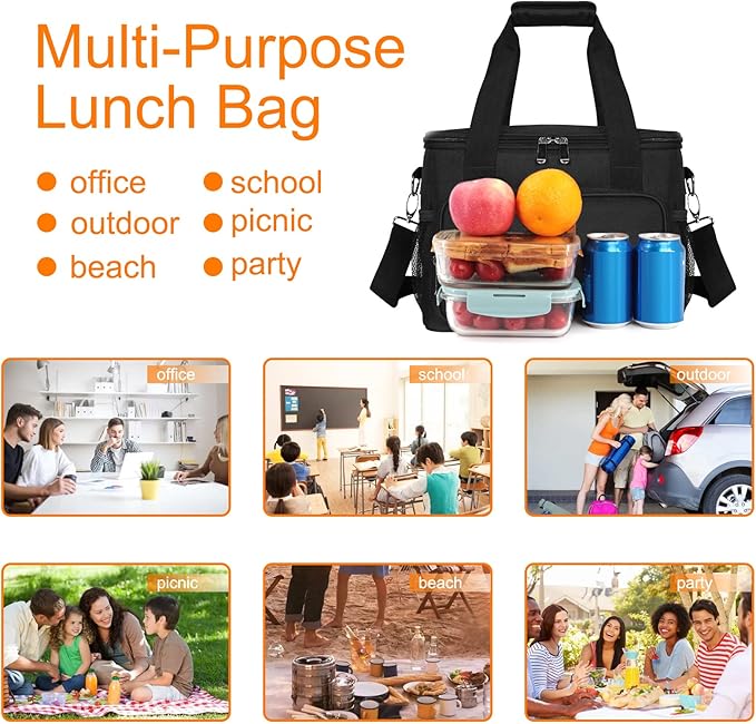 Femuar Lunch Bags for Women/Men, Insulated Lunch Bag for Work Office Picnic - Large Lunch Cooler Bag Leakproof Lunch Box with Adjustable Shoulder Strap for Adults - Black(15L)