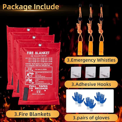 Emergency Fire Blanket 40" x 40" Fiberglass Fire Blanket Fire Suppression Blanket for Kitchen with Hooks Gloves Emergency Whistles Fireproof Blanket for Home Safety Camping (3)