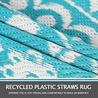 Capslpad 8Ft Round Outdoor Rug for Patio Clearance Boho Reversible Mat Waterproof Outdoor Plastic Straw RV Camping Rug Outside Circle Area Rug for Porch Deck Terrace Picnic Beach Apartment, Teal