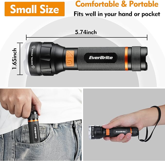EverBrite LED Rechargeable Flashlight High Lumens, 1000 Lumens, Zoomable Aluminum Flashlight with Digital Focus, 4 Modes, Water Resistant, Adjustable Brightness for Camping, Running, Emergency