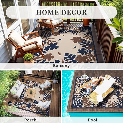 MontVoo Outdoor Rug Waterproof 5x8 ft RV Outdoor Rug for Camping Picnic Mat Outdoor Patio Rug Carpet Plastic Straw Reversible Floral Navy Orange