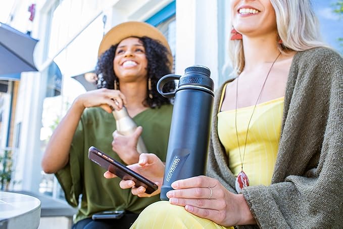 EcoVessel Stainless Steel Water Bottle with Insulated Dual Lid, Insulated Water Bottle with Strainer and Silicone Bottle Bumper, Coffee Mug – 20oz (Navy Nightfall)