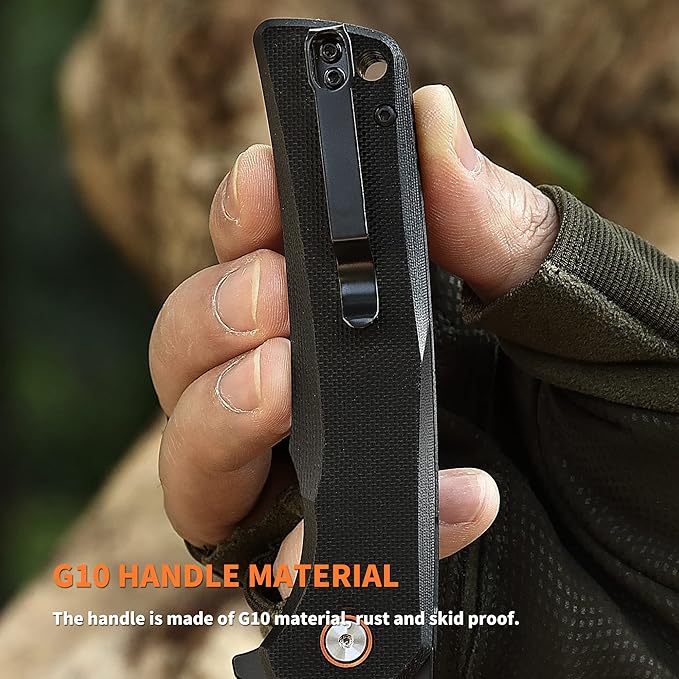 Everyday Carry EDC Knife, Safety Liner-Lock Practical Pocket Knife, D2 Steel G10 Lightweight Handle, Outdoor Camping tactical Knives, Black, Folding 3.54in