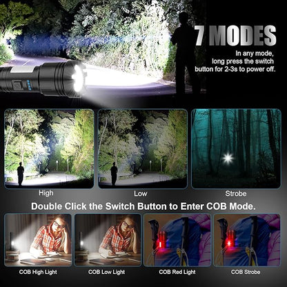 Magnetic Flashlight Rechargeable 10000 High Lumens, Super Bright Magnetic Base LED Pocket Flashlight with COB Light, Type-C, 7 Modes, Zoomable, IPX6 Waterproof Best Tactical Flashlights for Camping