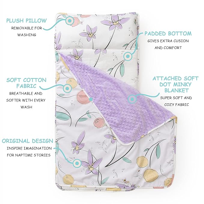 JumpOff Jo - Toddler Nap-Mat - Sleeping Bag for Kids with Removable Pillow and Ultra Soft Blanket for Preschool, Daycare, and Sleepovers - Fairy Blossoms