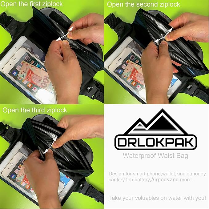 DRLOKPAK Waterproof Waist Bag & Pouch - Fanny Pack Bum Bag with Secret Holder Keeps Your Phone Kindle Wallet Watch & Valuables Dry - Perfect for Surf Canoe Swim Snorkel Dive Beach Pool(Blue)