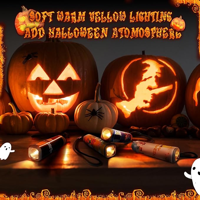 EverBrite Halloween Flashlights 4-Pack Halloween Gifts, Small LED Flash Light Handheld Torch with Lanyard 12AAA Battery Included, Mixed Color