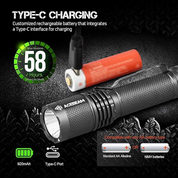 ACEBEAM TAC AA Tactical EDC Flashlight, 1000 High Lumens Flashlight Rechargeable, 280 Meters Long Range throw Pocket LED Flashlight, Super Bright Small Mini Flashlight for Camping, Emergency, Home