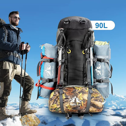 Night Cat Camping Backpacks 90L with Internal Frame Hiking Backpack for Men Women Waterproof Lightweight Breathable Outdoor Mountaineering Traveling