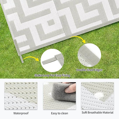 Outdoor Patio Plastic Straw Rug - 6'x9' Outdoor Camping Rug Waterproof Reversible, Area Carpet Patios Clearance RV, Outside Porch Balcony Deck for Camper, Grey & White