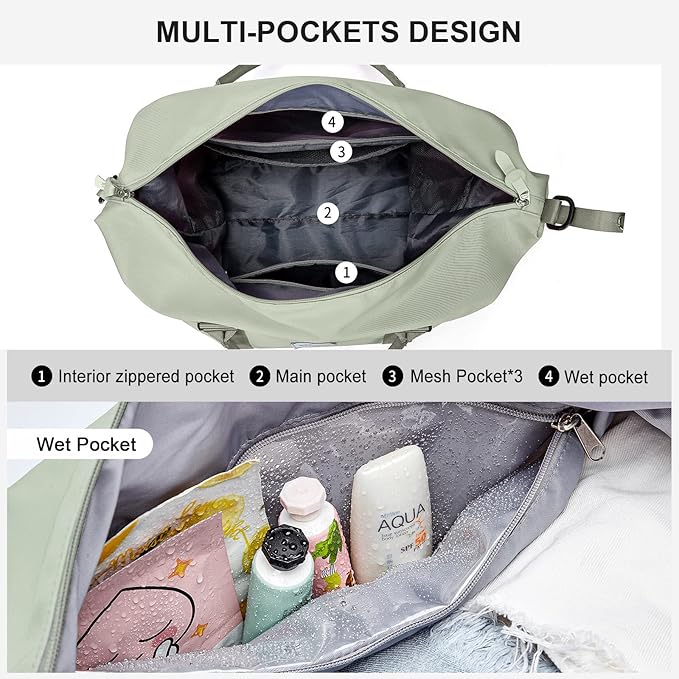 Sport Travel Duffle Bag Large Gym Tote Bag for Women, Weekender Carry on Bags for Airplane, Ladies Beach Overnight Bag Waterproof Luggage Bags with Wet Pocket Light Green