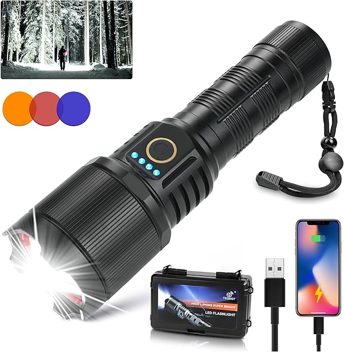 Flashlights High Lumens 900000 LED Rechargeable Tactical Flashlight Zoomable 3 Modes Fast Charging IPX6 Waterproof Super Bright Black Handheld Flashlights for Camping Hiking Outdoor and Gift