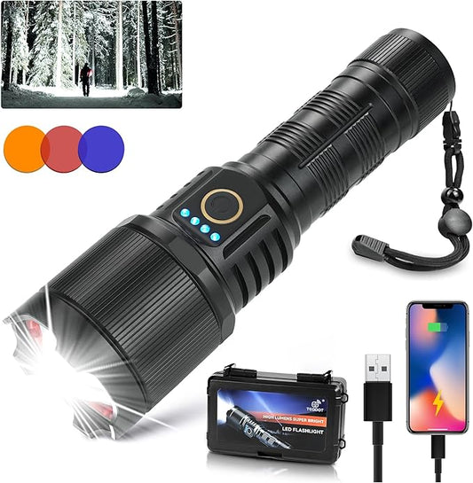 Flashlights High Lumens 900000 LED Rechargeable Tactical Flashlight Zoomable 3 Modes Fast Charging IPX6 Waterproof Super Bright Black Handheld Flashlights for Camping Hiking Outdoor and Gift