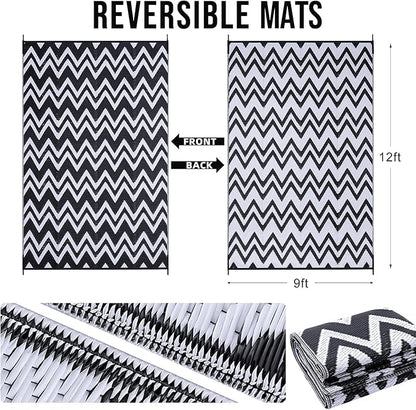 OLANLY Waterproof Outdoor Rug 9x12 ft Clearance, Reversible Outdoor Plastic Straw Rug, RV Mat, Indoor Outdoor Carpet for Patio, Camping, Balcony, Deck, Backyard, Black & White