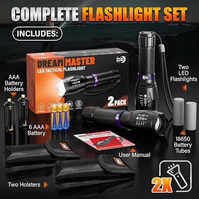 2 Pack LED Flashlights High Lumens with 6 AAA Batteries, 5 Modes Mini Waterproof Tactical Flashlight for Camping Hiking, Bright Flashlight with Zoomable, Fathers Day Dad Gifts for Him, Black & Purple