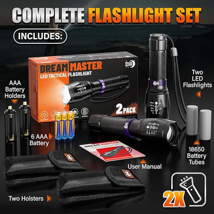 2 Pack LED Flashlights High Lumens with 6 AAA Batteries, 5 Modes Mini Waterproof Tactical Flashlight for Camping Hiking, Bright Flashlight with Zoomable, Fathers Day Dad Gifts for Him, Black & Purple