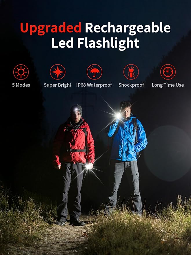 Mesqool Rechargeable Flashlights 2 Pack, 5 Lighting Modes 400 Lumen Bright Led Flashlight, IP68 Waterproof Flash Light for Camping, Walking, Hiking Emergency Lights for Home (Built-in Battery)