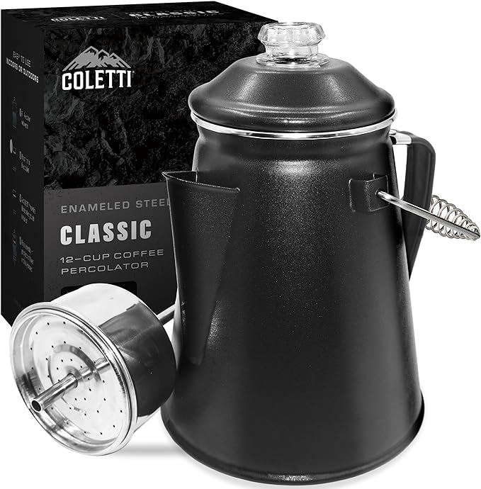 COLETTI Classic Coffee Percolator — Percolator Coffee Pot, Camp Coffee Maker – The Original Camping Coffee Pot, Now Modernized – For Campsite Brewmasters Everywhere [Matte Gray Enamel, 12 Cup]