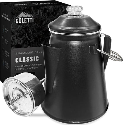 COLETTI Classic Coffee Percolator — Percolator Coffee Pot, Camp Coffee Maker – The Original Camping Coffee Pot, Now Modernized – For Campsite Brewmasters Everywhere [Matte Gray Enamel, 12 Cup]