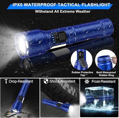 Rechargeable Magnetic Flashlights 100,000 High Lumens, Super Bright LED Powerful Flashlight 8 Modes with COB Work Light, Waterproof Handheld Flash Light for Camping (2 Pack with Paper Box, Blue)