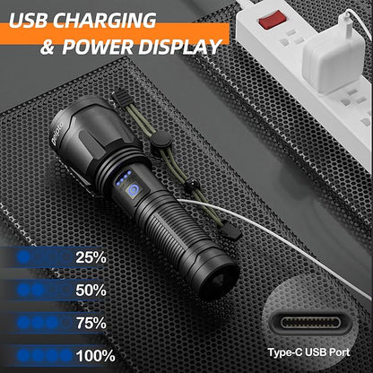 Rechargeable Flashlights High Lumens, Super Bright Flashlight 9000000 lumens with 7 Modes, IP54 Waterproof Tactical Flashlights for Home Camping Emergencies Running