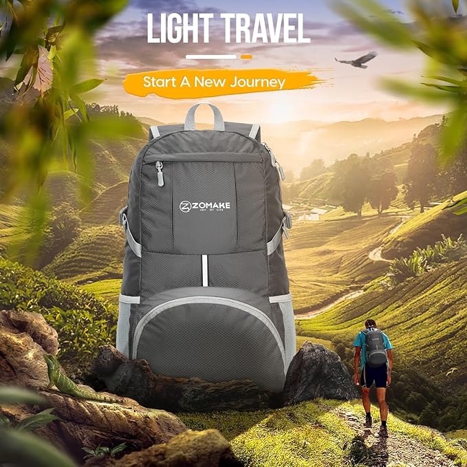ZOMAKE Lightweight Packable Backpack 35L - Light Foldable Backpacks Water Resistant Collapsible Hiking Backpack - Compact Folding Day Pack for Travel Camping(Dimgray)