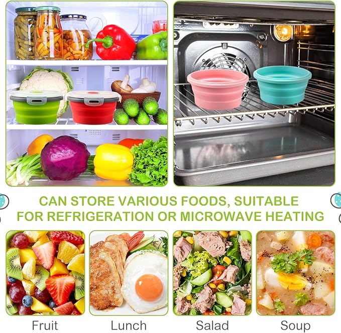 Suclain 4 Pcs Camping Bowl with Lid Collapsible Silicone Bowl Lunch Box Salad Bowl Expandable Food Storage Container Set Folding Travel Bowl for Hiking Heat (Red, Pink, Blue, Green,27 oz)