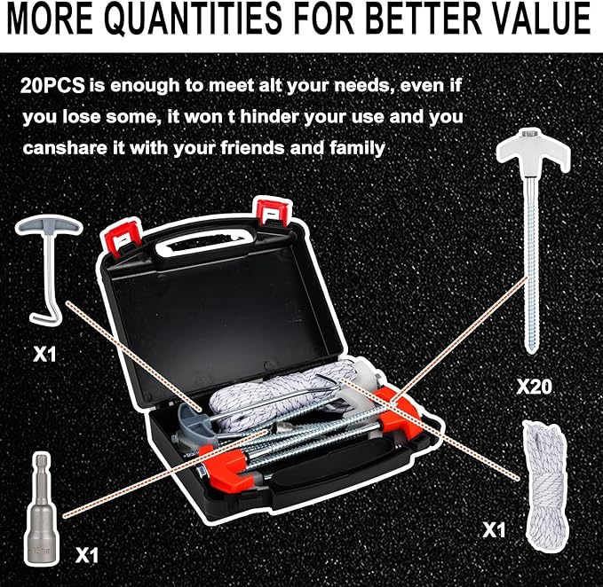 20PCS Camping Tent Stakes Heavy Duty,8 Inch Screw in Tent Stakes Heavy Duty,Nightglow Metal Tent Stakes,with Hex Head Driver,Nail Lifter,Ropes,White