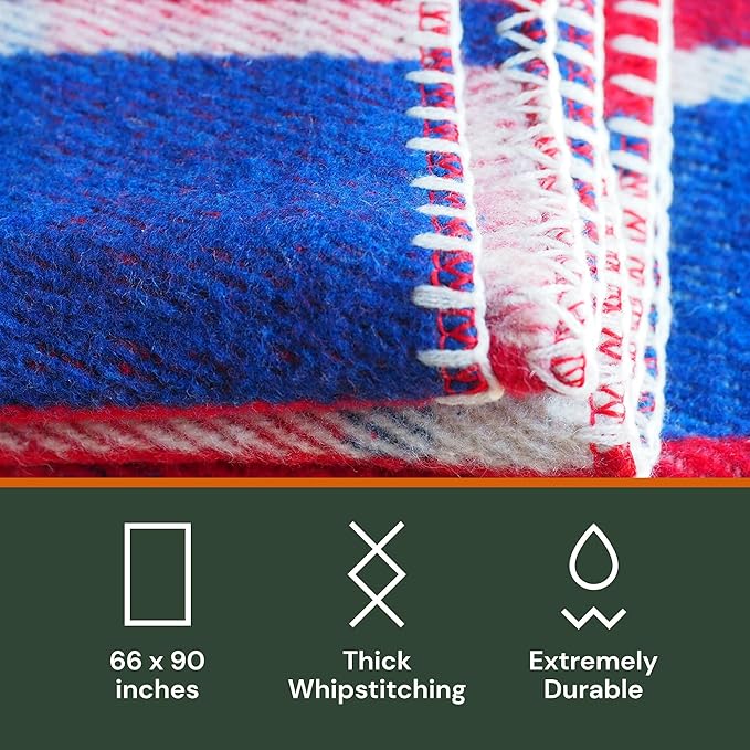 Woolly Mammoth Merino Wool Blanket- 66" x 90" 4 lbs Thick, Outdoor/Indoor Throw for Campfire, Picnic, Beach, Van Life, Home- Farmhouse Collection Heavy Duty Insulating Sleep Plaid, Red White & Blue
