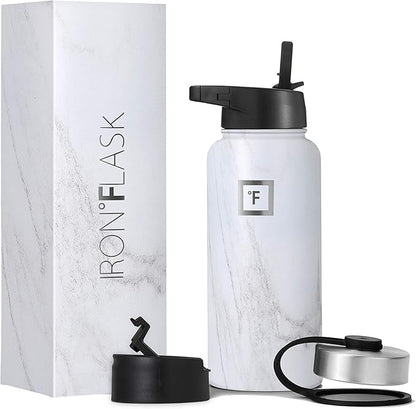 IRON °FLASK Camping & Hiking Hydration Flask, Wide Mouth, 3 Straw Lids, Stainless Steel Outdoor Water Bottle, Double Walled, Insulated Thermos, Metal Canteen - Carrara Marble, 32 Oz