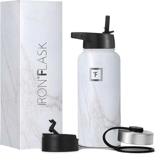 IRON °FLASK Camping & Hiking Hydration Flask, Wide Mouth, 3 Straw Lids, Stainless Steel Outdoor Water Bottle, Double Walled, Insulated Thermos, Metal Canteen - Carrara Marble, 32 Oz
