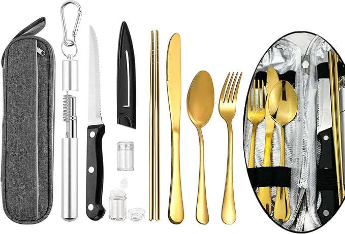 Portable Travel Reusable Utensils Silverware with Case,Travel Camping Cutlery set,Chopsticks and Straw, Stainless steel Travel Utensil set(Gold)