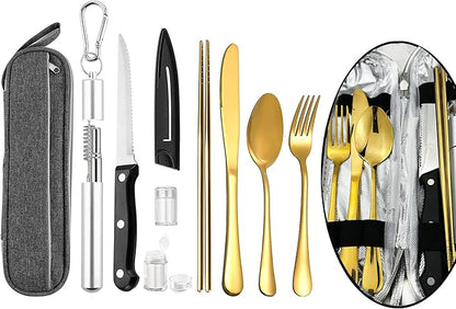 Portable Travel Reusable Utensils Silverware with Case,Travel Camping Cutlery set,Chopsticks and Straw, Stainless steel Travel Utensil set(Gold)