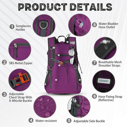40L Lightweight Hiking Backpack Travel Packable Daypack for Women and Men, Purple
