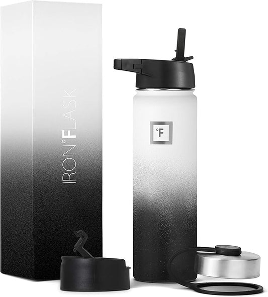IRON °FLASK Camping & Hiking Hydration Flask, Wide Mouth, 3 Straw Lids, Stainless Steel Outdoor Water Bottle, Double Walled, Insulated Thermos, Metal Canteen - Day & Night, 22 Oz