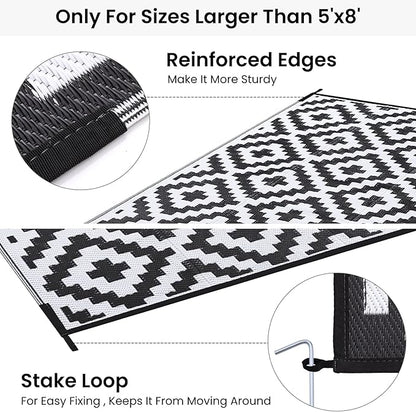 Smiry Waterproof Outdoor Rug 9x12 ft, Reversible Plastic Straw Patio Camping Rugs, Outdoor Indoor RV Mat Carpet for Patio, Outside Entry, Backyard, Deck, Bench, Picnic, Camper, Black & White