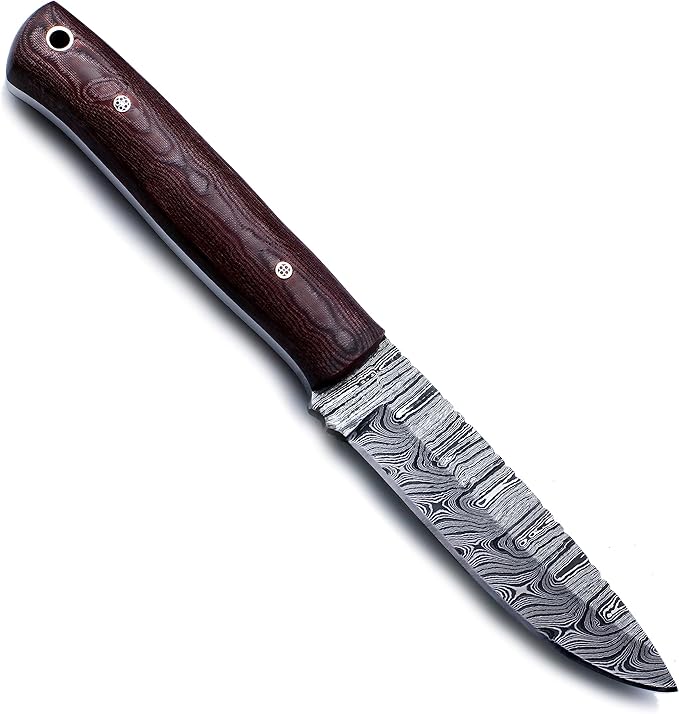 Handmade Damascus Steel Knife Bowie for Hunting,Survival,Camping,Bushcraft and Fishing, Fixed Blade with Drop Point Full Tang Micarta Handle, Leather Sheath - WKD-788
