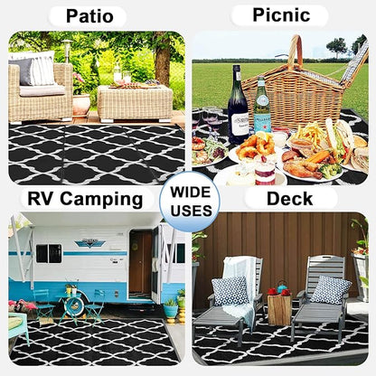 OutdoorLines Outdoor Plastic Area Rugs for Patio 4x6 ft - Reversible Outside Carpet, Stain & UV Resistant RV Mats, Straw Rug for Camping, Deck Garden, Porch and Balcony, Moroccan Black & Light Grey